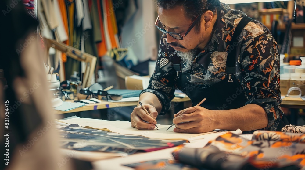 Fototapeta premium Fashion Designer at Work: A fashion designer meticulously sketches designs, selects fabrics, and drapes materials to create stunning garments that reflect their unique artistic vision