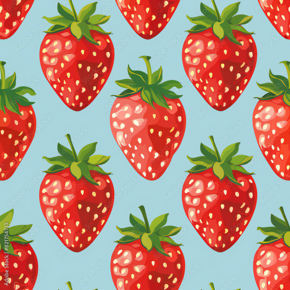 cute seamless strawberries pattern for background, cartoon flat color illustration