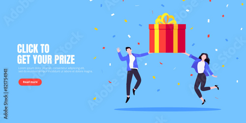 Get online incentive gift benefit reward and gifts, earn loyalty program points. Get loyalty card and customer service business concept flat design vector illustration. Tiny people with big gift boxes
