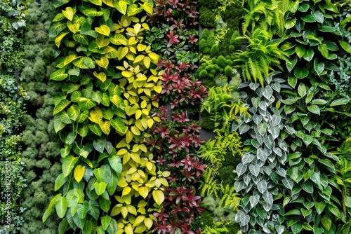 A vibrant and colorful vertical garden on a city wall  featuring a diverse array of plants with different textures and colors.