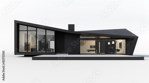 A sleek black modern German home in 3D  featuring angular architecture and a minimalist design aesthetic  on a white background.