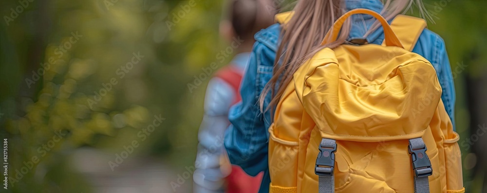 Rear view of a schoolgirl with a yellow backpack waiting for a yellow school bus, morning light, highly detailed and perfect for educational content Rear view of a schoolgirl with a yellow backpack waiting for a yellow school bus, morning light, highly detailed and perfect for educational content