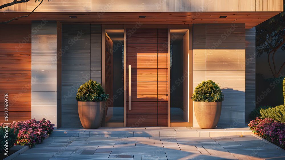Front view of a Modern Wooden Door Entrance with Potted Plants and Stone Wall Design in Residential House