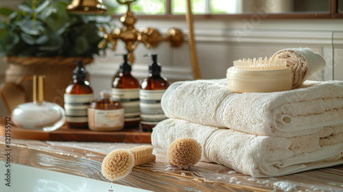 A wooden tray holds neatly arranged towels and various soaps