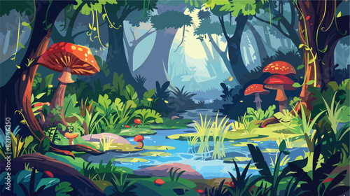 Jungle forest landscape with swamp for game background