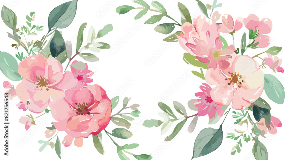 Pink Green Watercolor Floral Wreath Isolated on White