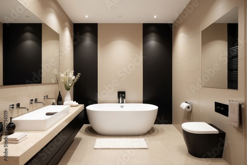 Beige Bathroom Design With Black WC Wall Panel