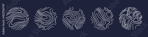 Circular wood rings or topographic map lines texture set. Wood tree topographic abstract lines collection flat style design vector illustration contour isolated pattern design.