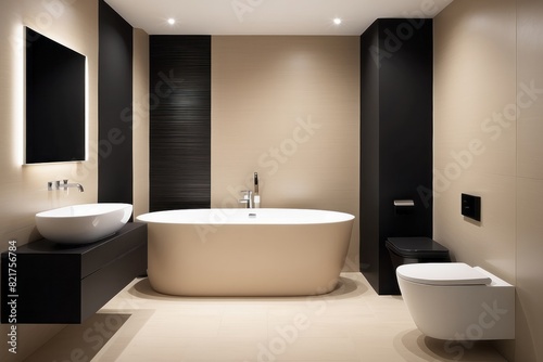 Beige Bathroom Design With Black WC Wall Panel