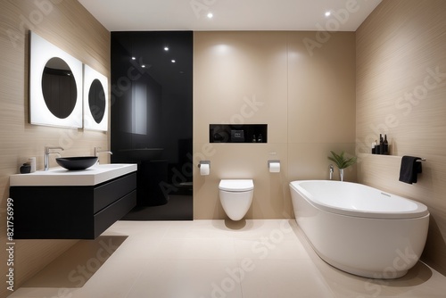 Beige Bathroom Design With Black WC Wall Panel