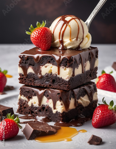 Chocolate cake with strawberries and cream