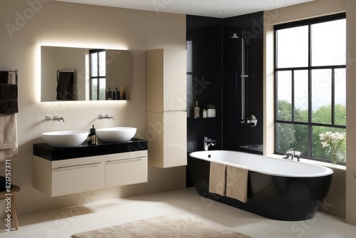 Beige Bathroom Design With Black WC Wall Panel