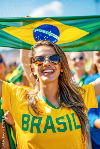 Brazilian football soccer fans in a stadium supporting the national team, with scarfs and flags, Seleção
 photo