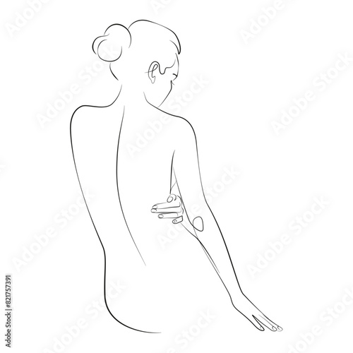 Woman sitting one line drawing. Vector illustration of body pose and hands. Woman beauty minimalist line art. Pretty sexy image.
Woman body silhouette art. Outline logo naked female body. Spa concept.