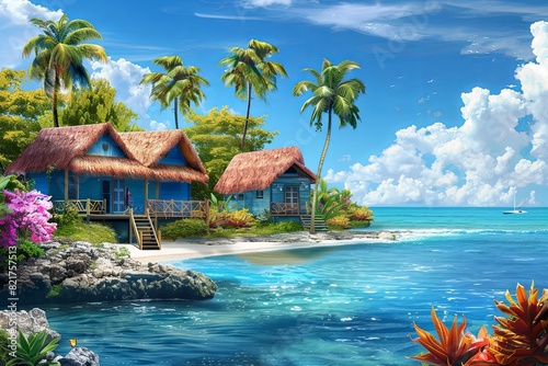 A painting of a house on a tropical island with palm trees and a clear blue sky. © Анатолий Савицкий