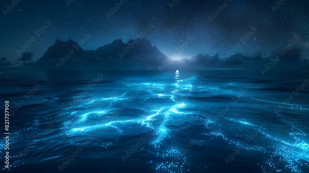 Captivating Bioluminescent Seascape Glowing Plankton Illuminating the Serene Nighttime Ocean