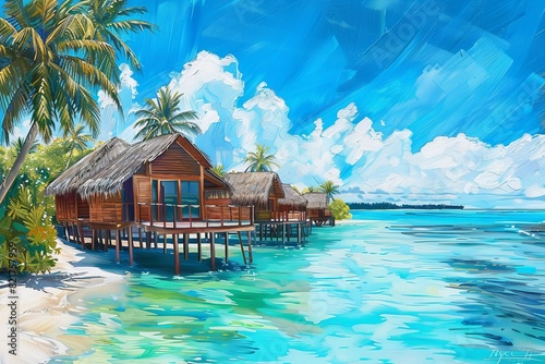 A traditional painting depicting a tropical island with a thatched hut on the beachfront.