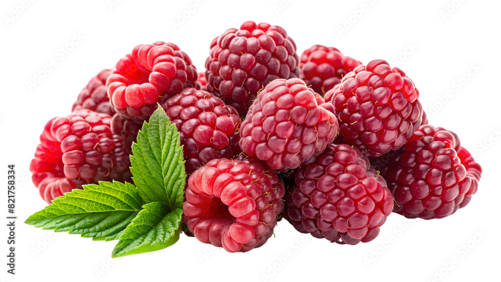 A close-up of ripe, red raspberries with green leaves, isolated on a white background A close-up of ripe, red raspberries with green leaves, isolated on a white background