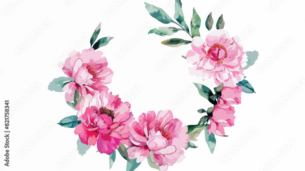 Pink peony watercolor wreath round isolated on white