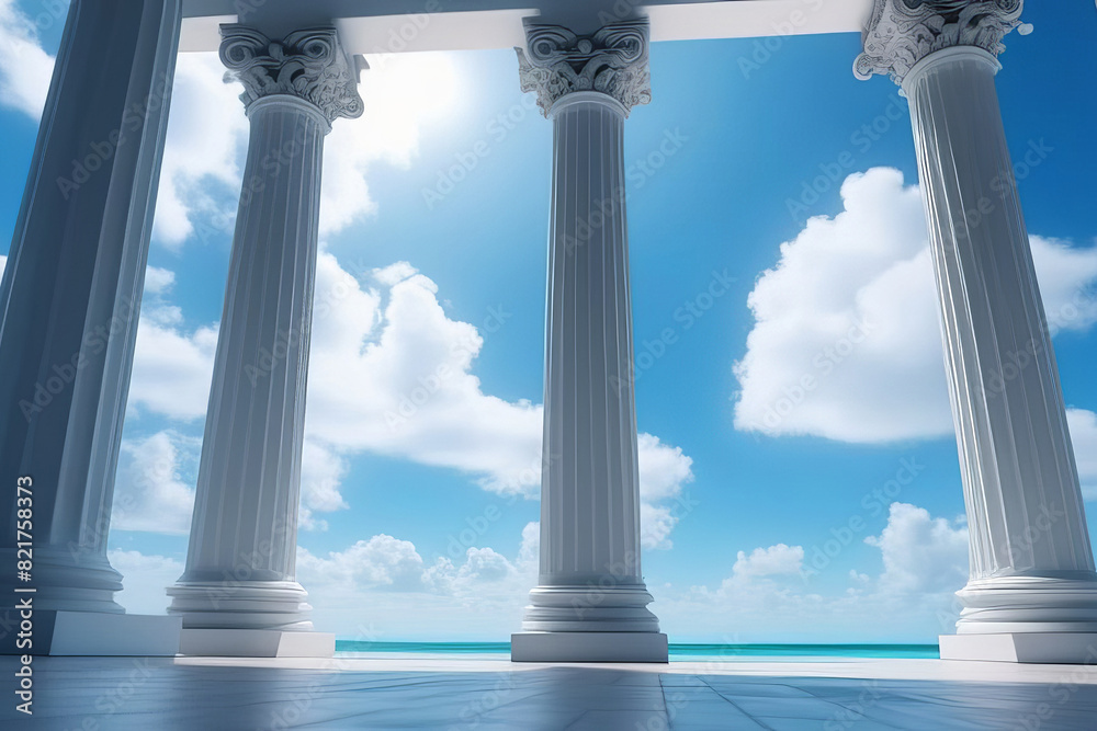 Majestic Greek-style columns against a bright blue sky with fluffy white clouds. The perspective highlights the grandeur and classical architecture of the columns Majestic Greek-style columns against a bright blue sky with fluffy white clouds. The perspective highlights the grandeur and classical architecture of the columns