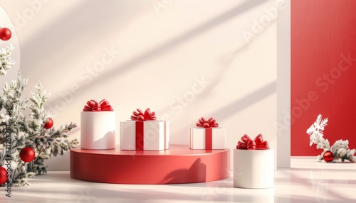 A festive holiday podium scene set for Christmas and New Year sales, featuring a minimalist red and white decoration with gift boxes