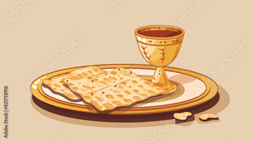Passover Seder plate flatbread matza and cup on light photo