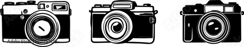 Modern photo cameras in engraving style. Vector retro hand drawn illustration. Icon set