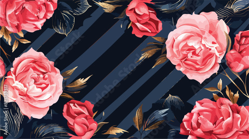 Pink roses golden leaves and navy stripes indigo peon