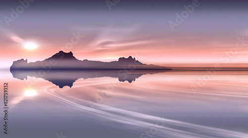  Water with island   sunset background
