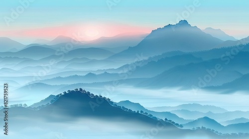  A stunning painting of a mountain range bathed in a pink and blue sunset sky, with fog obscuring the foreground