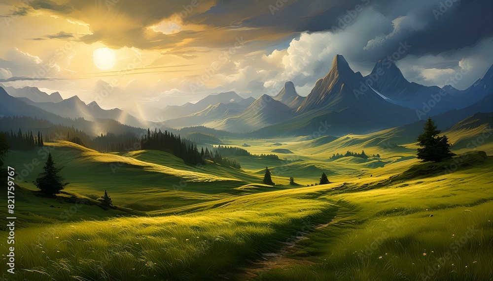 Obraz premium Serene Mountain Valley bathed in Golden Sunlight, with Dramatic Clouds and Lush Green Fields