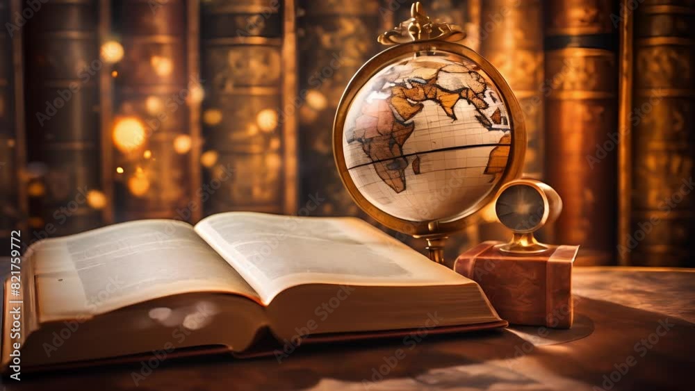 Geographical globe and book. Science, education, History, Geography, Ancient, Antique globe on the background of old map Geographical globe and book. Science, education, History, Geography, Ancient, Antique globe on the background of old map