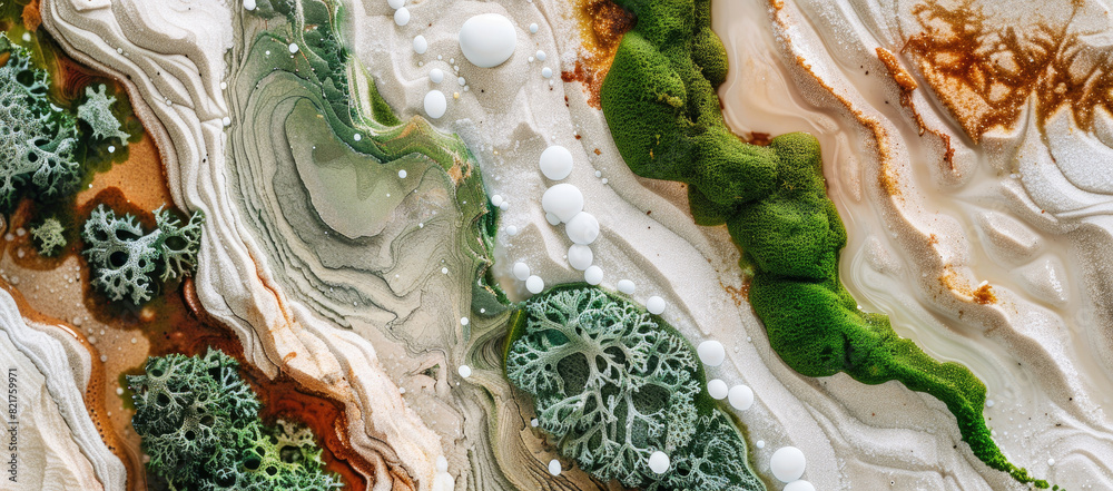 Obraz premium Abstract art depicting a fusion of dry desert sands, wet river rocks and dense green moss