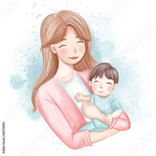 Mom and Kid Watercolor Illustration for Happy Mother's Day