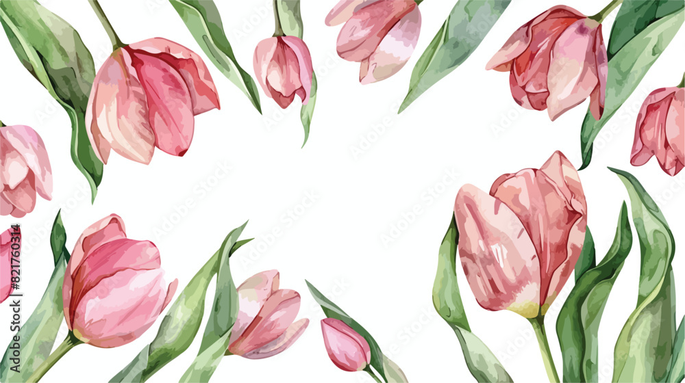 Pink tulips watercolor frame isolated on white background