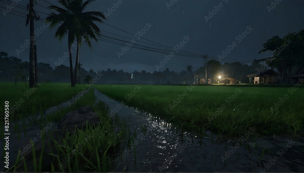 Heavy rain in the ricefield, night, no cars, unreal engine render, 8k Heavy rain in the ricefield, night, no cars, unreal engine render, 8k