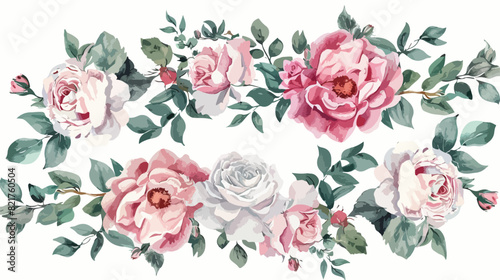 Pink white roses leaves peonies watercolor floral wre