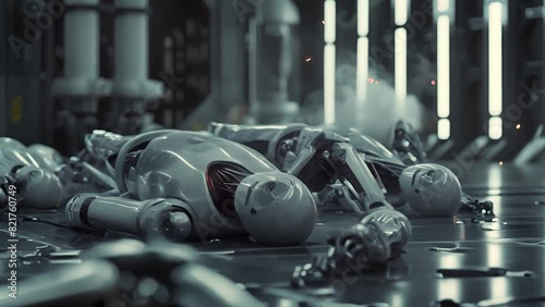 Robot artificial intelligence severely damaged having smoke rises and sparks emerge resembling a malfunction due to overwork	