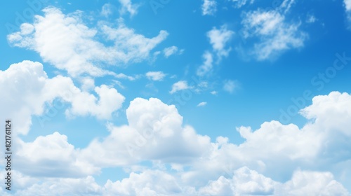 A close-up photo of a blue sky  with fluffy white clouds drifting across.