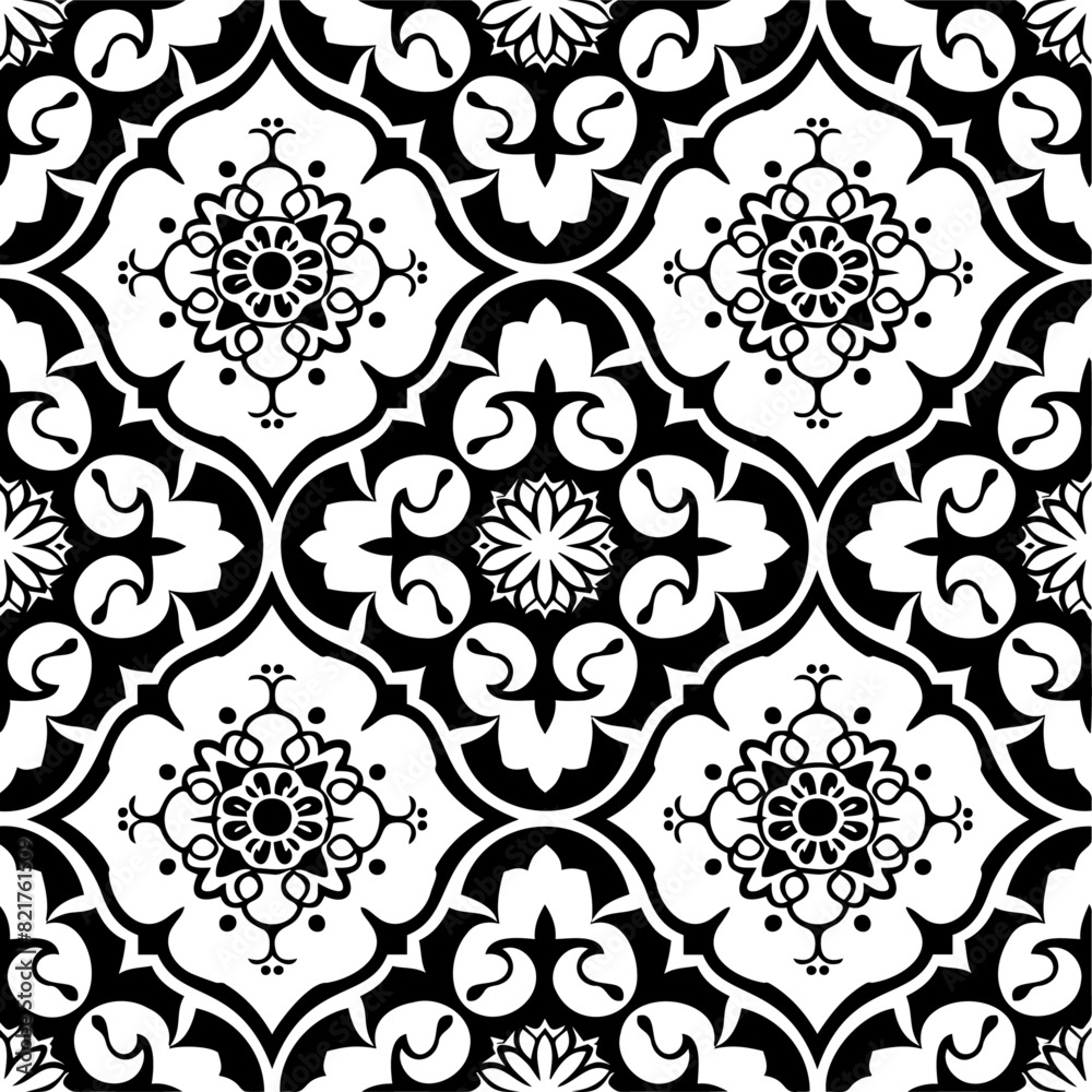 Thai Ornate Black and White Floral Tile Pattern Thai Ornate Black and White Floral Tile Pattern