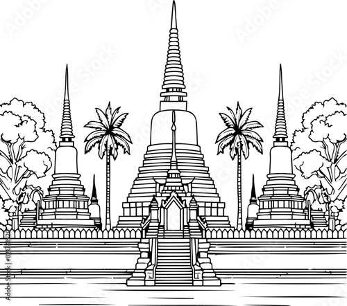 Thai Temple Outline with Palm Trees