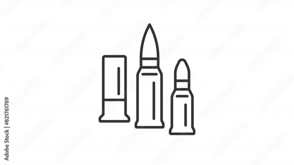 Animated caliber icon. Bullets line animation. Military ammunition. Ballistics. Firearm bullets. Bullet shell. Black illustration on white background. HD video with alpha channel. Motion graphic Animated caliber icon. Bullets line animation. Military ammunition. Ballistics. Firearm bullets. Bullet shell. Black illustration on white background. HD video with alpha channel. Motion graphic