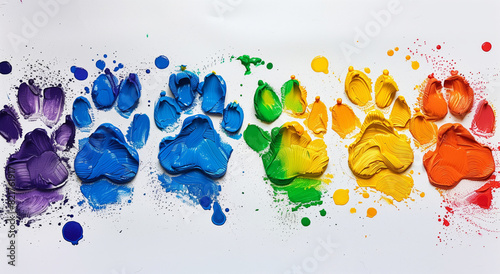 A colorful paw print is painted on a white background. The paw prints are in different colors, creating a rainbow effect. Concept of creativity. puppy paw prints of rainbow paint on a white canvas photo