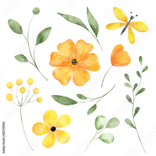 Watercolor yellow flowers and green leaves  floral illustration for greeting card  invitation and other printing design. Isolated on white. Hand drawing.