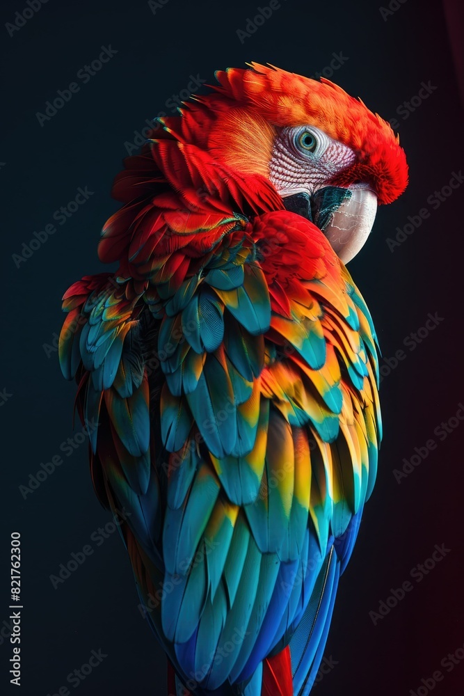 Fototapeta premium Parrot in Neon Light: Vibrant Studio Portrait of an Exotic Bird with Bold Contrasts and Dramatic Lighting