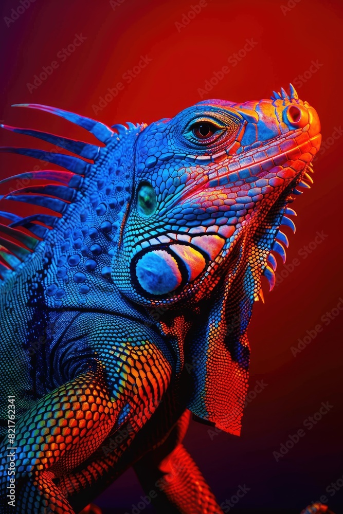 Obraz premium Iguana in Neon Light: Vibrant Studio Portrait of an Exotic Reptile with Bold Contrasts and Dramatic Lighting