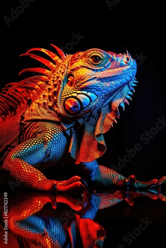 Iguana in Neon Light: Vibrant Studio Portrait of an Exotic Reptile with Bold Contrasts and Dramatic Lighting