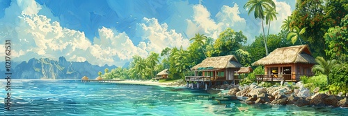 Painting of tropical beach with huts along a sandy shore and azure sea under a clear sky. photo