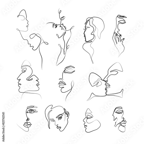 Continuous line drawing, woman abstract portraits, face of girl is single line on white background,  Vector illustration. Tattoo, print and logo design for spa beauty salon. Line art. (ID: 821762561)