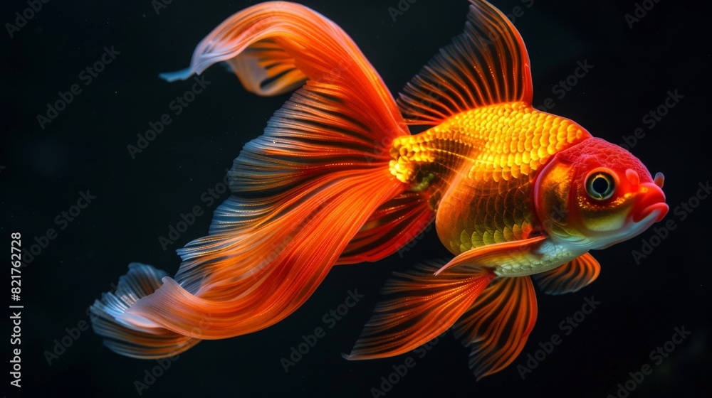 Goldfish Displaying Intricate Details Against a Dark Backdrop Goldfish Displaying Intricate Details Against a Dark Backdrop